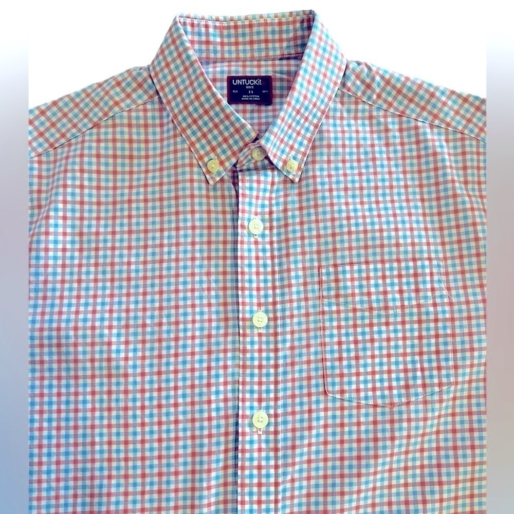 UNTUCKit Boys Size 14 Long Sleeve 100% Cotton Blue and Pink Plaid Pattenn - Picture 5 of 11